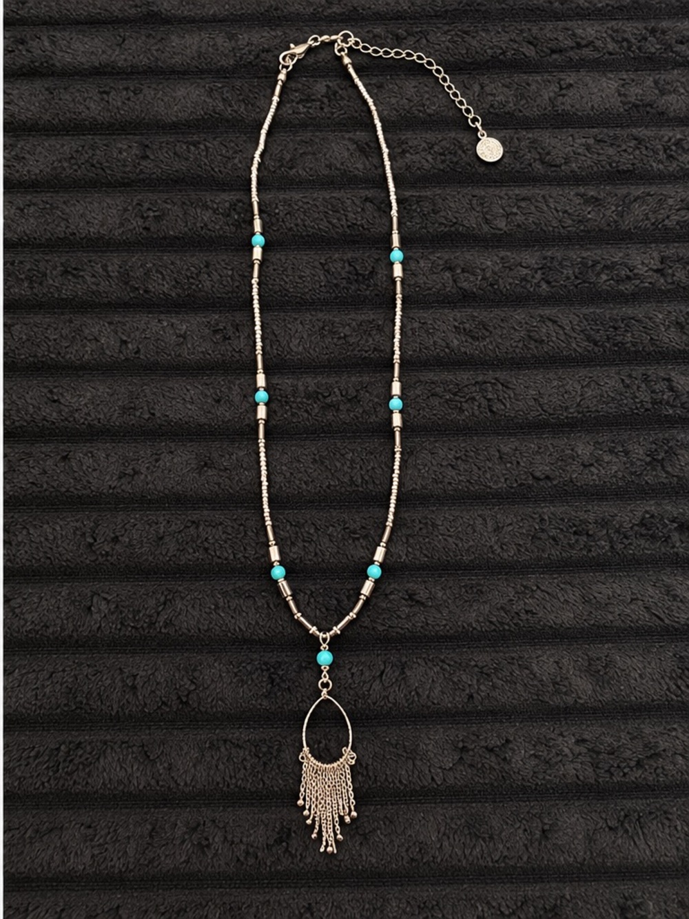 Silver Necklace with Turquoise Beads and Fringe Pendant